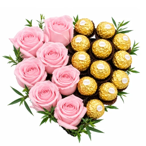 Arreglo floral corazon de 6 rosas rosadas y bombones